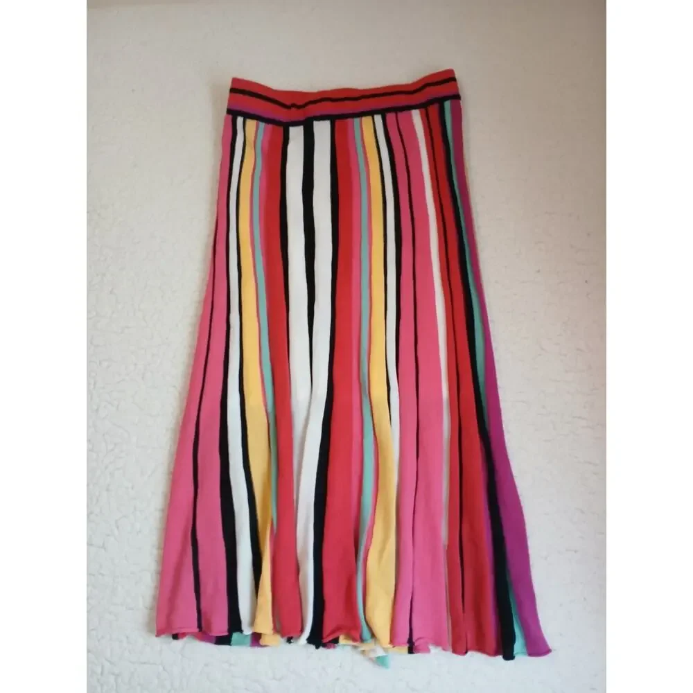 New‎ York & Co 7th Ave Skirt Sz XS Rainbow Stripe Knit Pleated Midi Artsy Boho